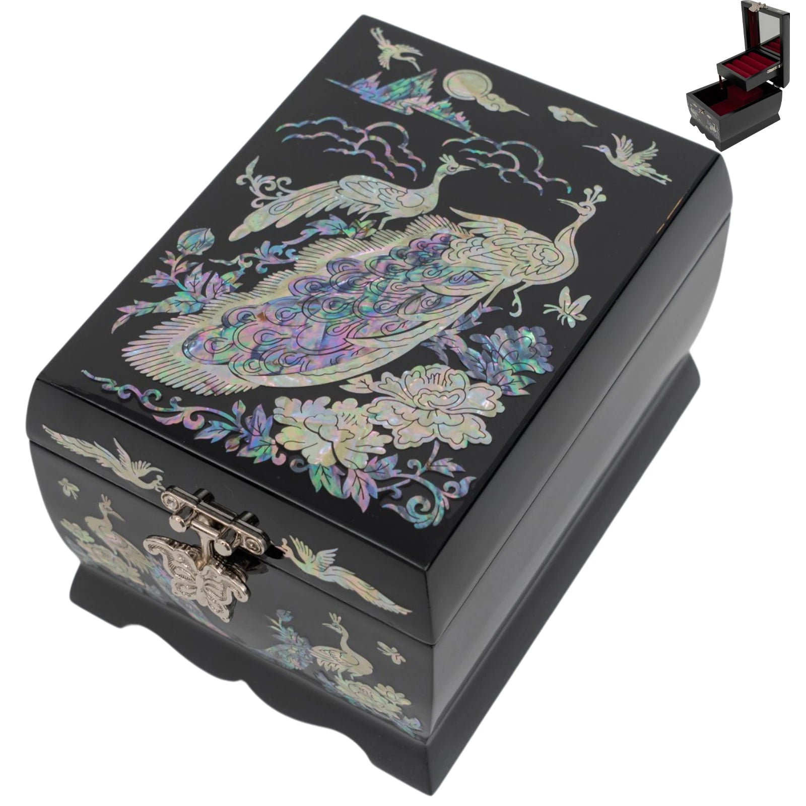 Angled view of a black jewelry box with peacock inlays; includes an inset image of the open box with red velvet lining and a mirror.