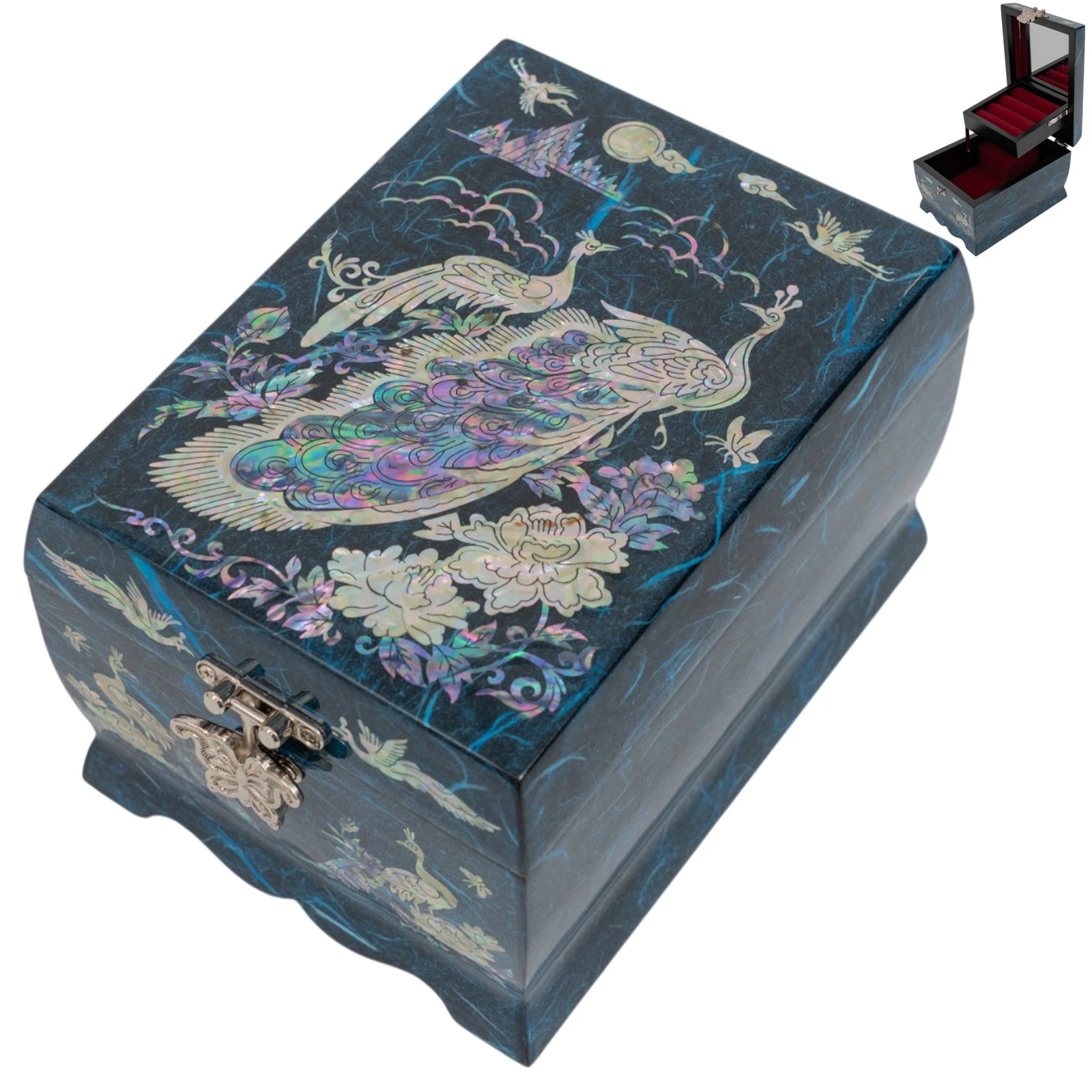 Angled view of a blue jewelry box with peacock art; inset displays the open box with a red velvet ring tray and mirror.