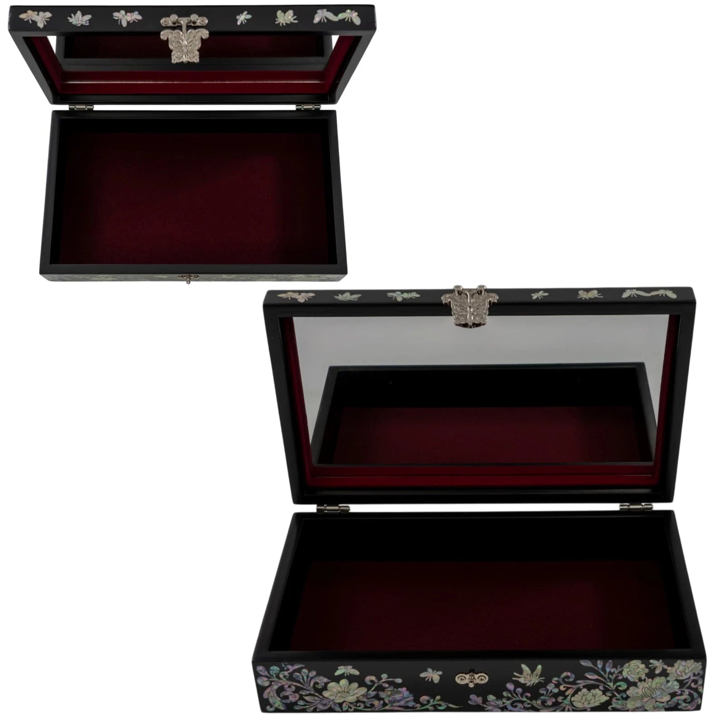Angled view of an open black keepsake box showing its built-in mirror, protective red velvet lining, and side butterfly inlays