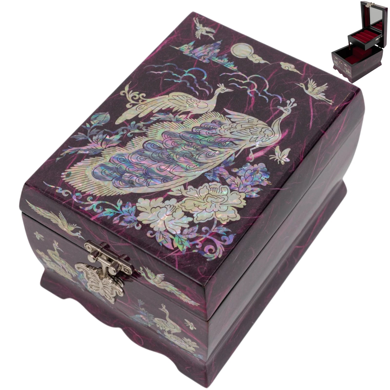 Angled view of a purple box with peacock inlays; inset shows the interior multi-tier red velvet storage and mirror.