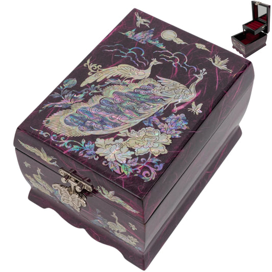 Angled view of a purple box with peacock inlays; inset shows the interior multi-tier red velvet storage and mirror.