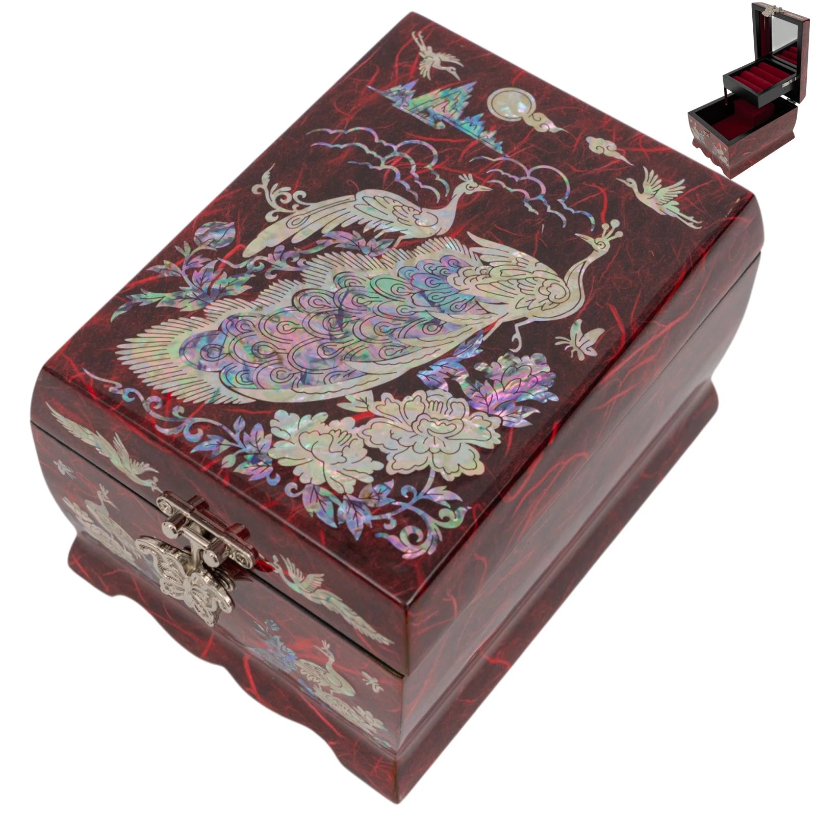 Angled view of a red textured jewelry box with peacock motifs; inset shows the open red velvet-lined interior and built-in mirror.