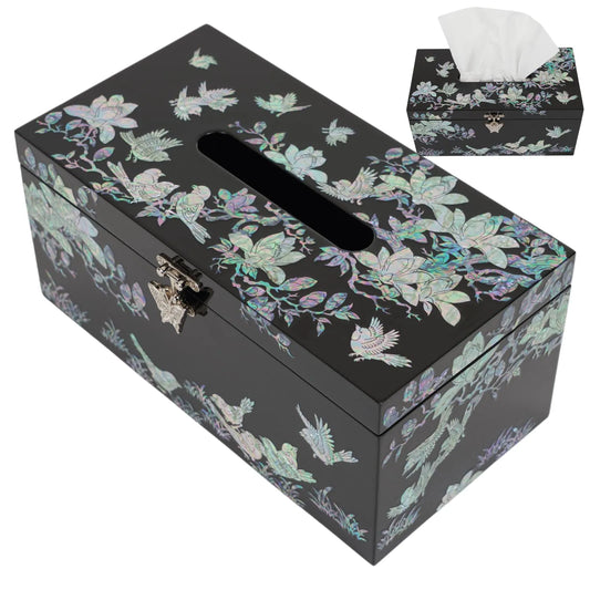 Angled view of black abalone-inlaid tissue box with butterfly clasp and floral design