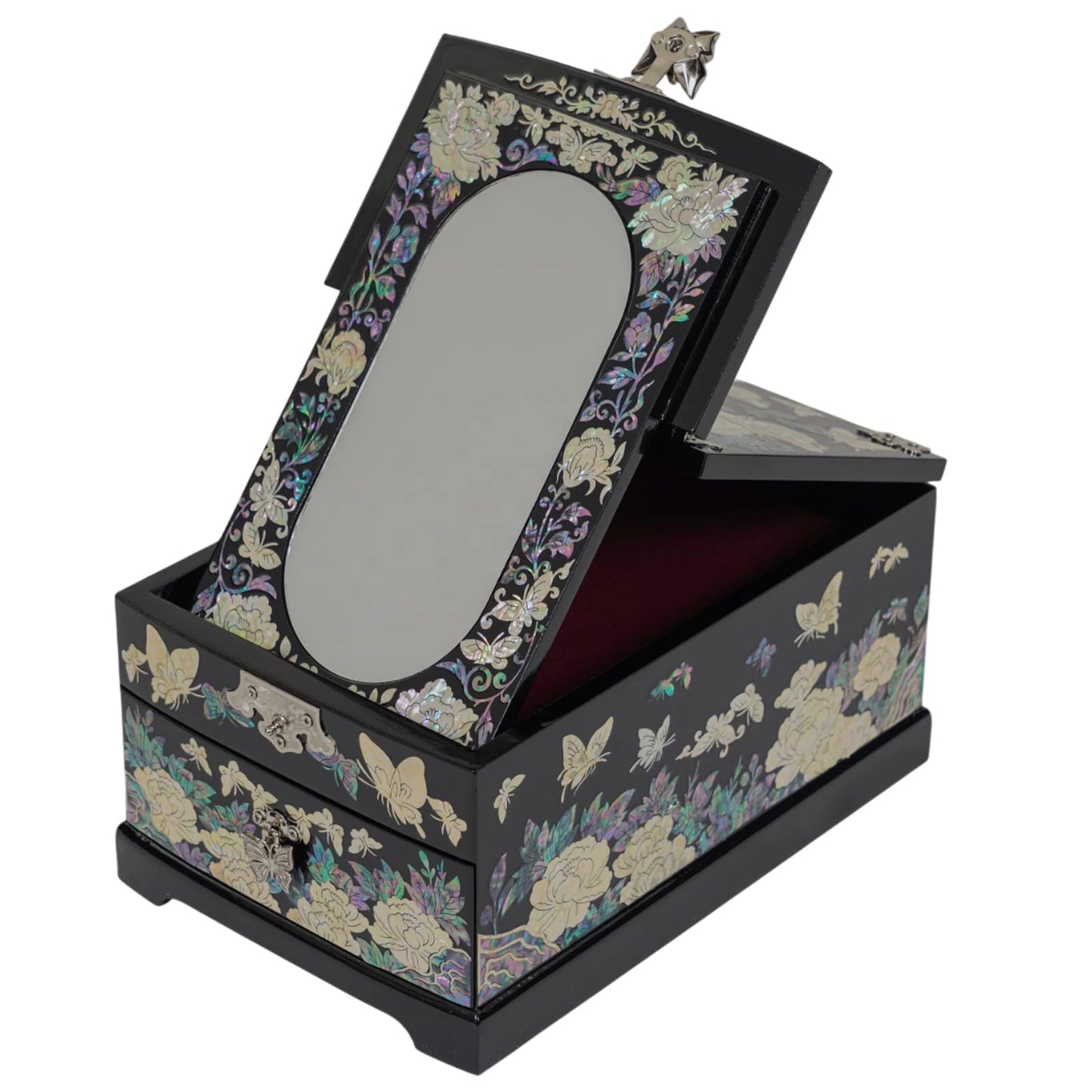 Angled view of black lacquer jewelry box with mirror, floral mother of pearl inlay, and spacious interior for accessories