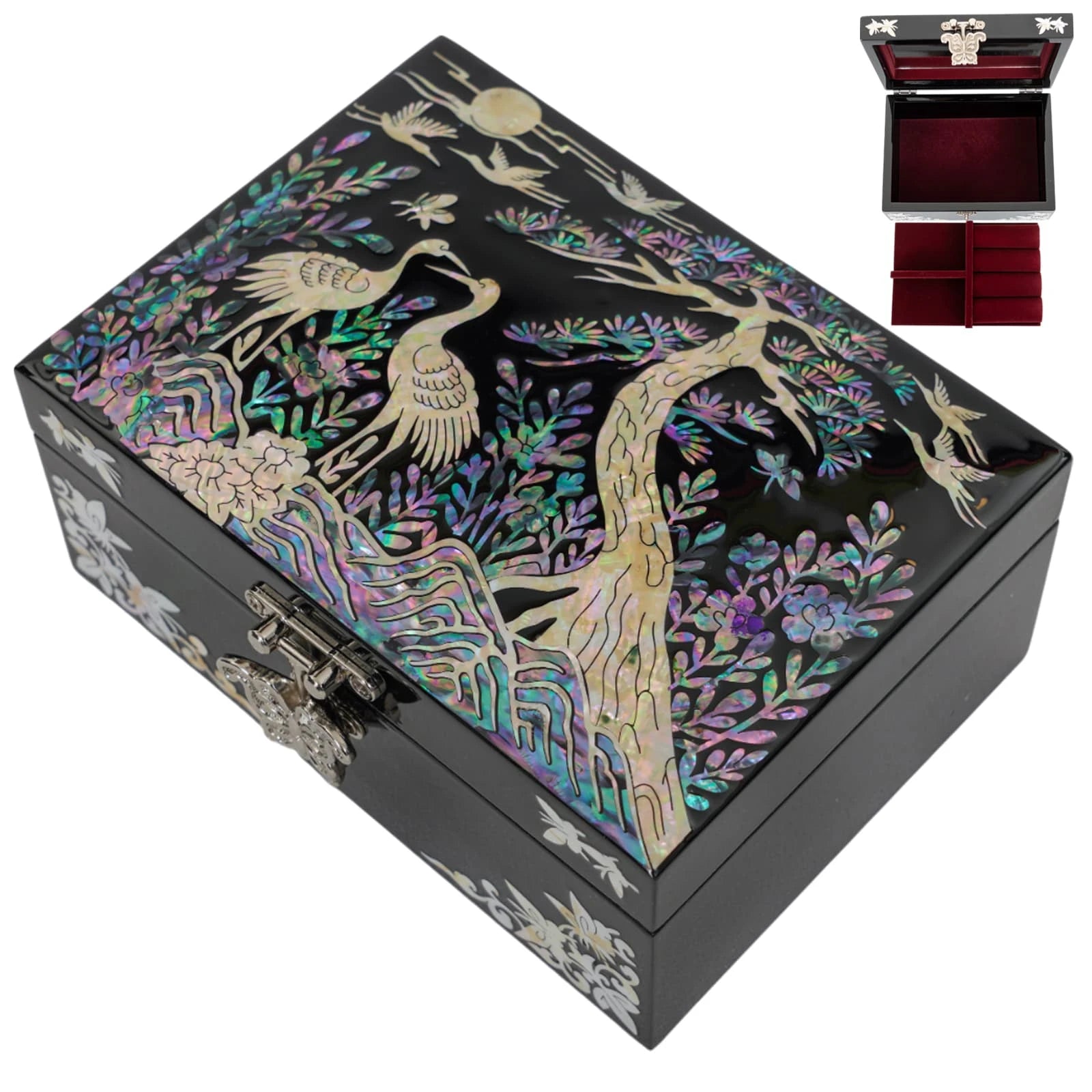 Angled view of black lacquer vanity jewelry box featuring mother of pearl crane and pine tree design, luxury Korean jewelry organizer