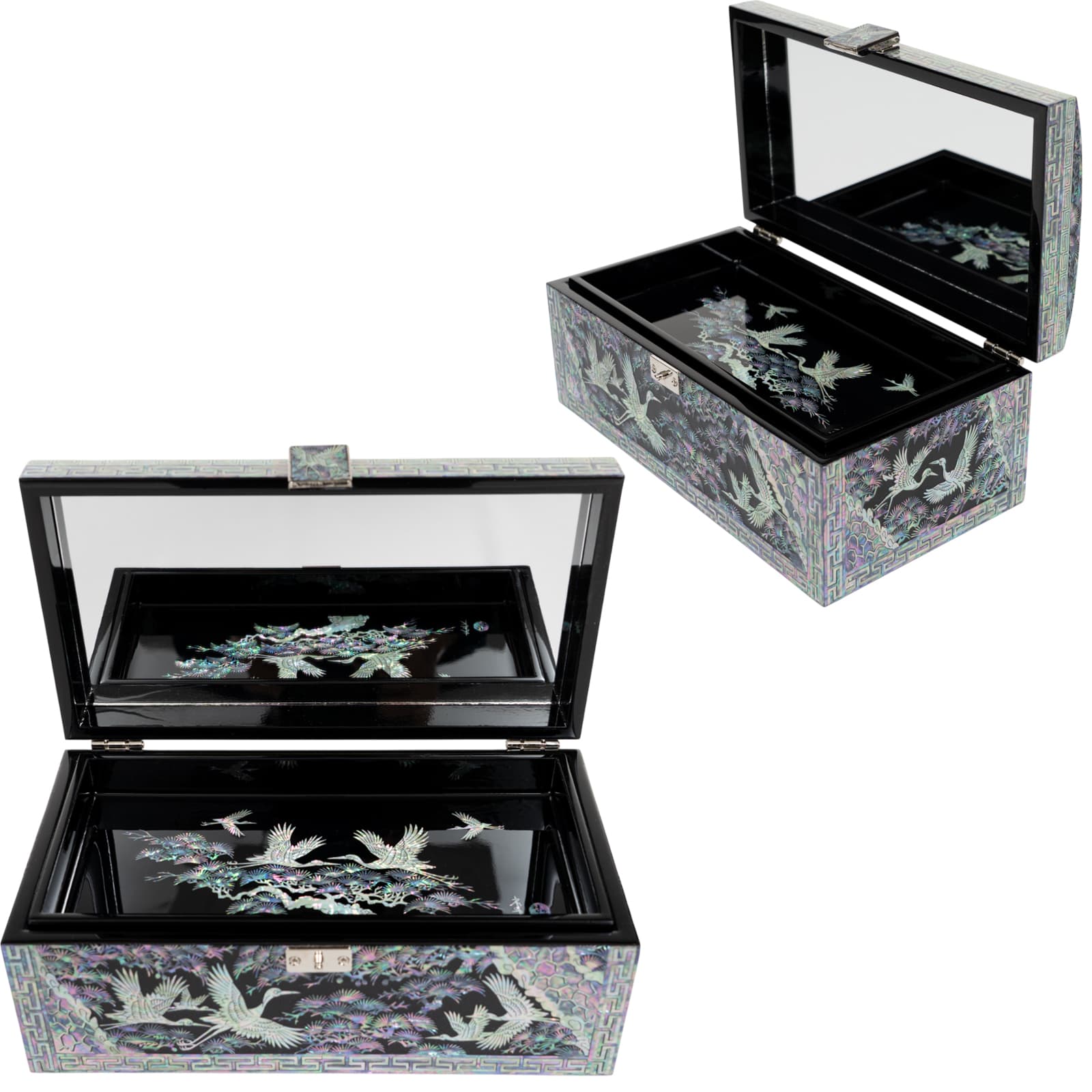 Angled view of open lacquer jewelry box with mirror lid and crane mother-of-pearl design