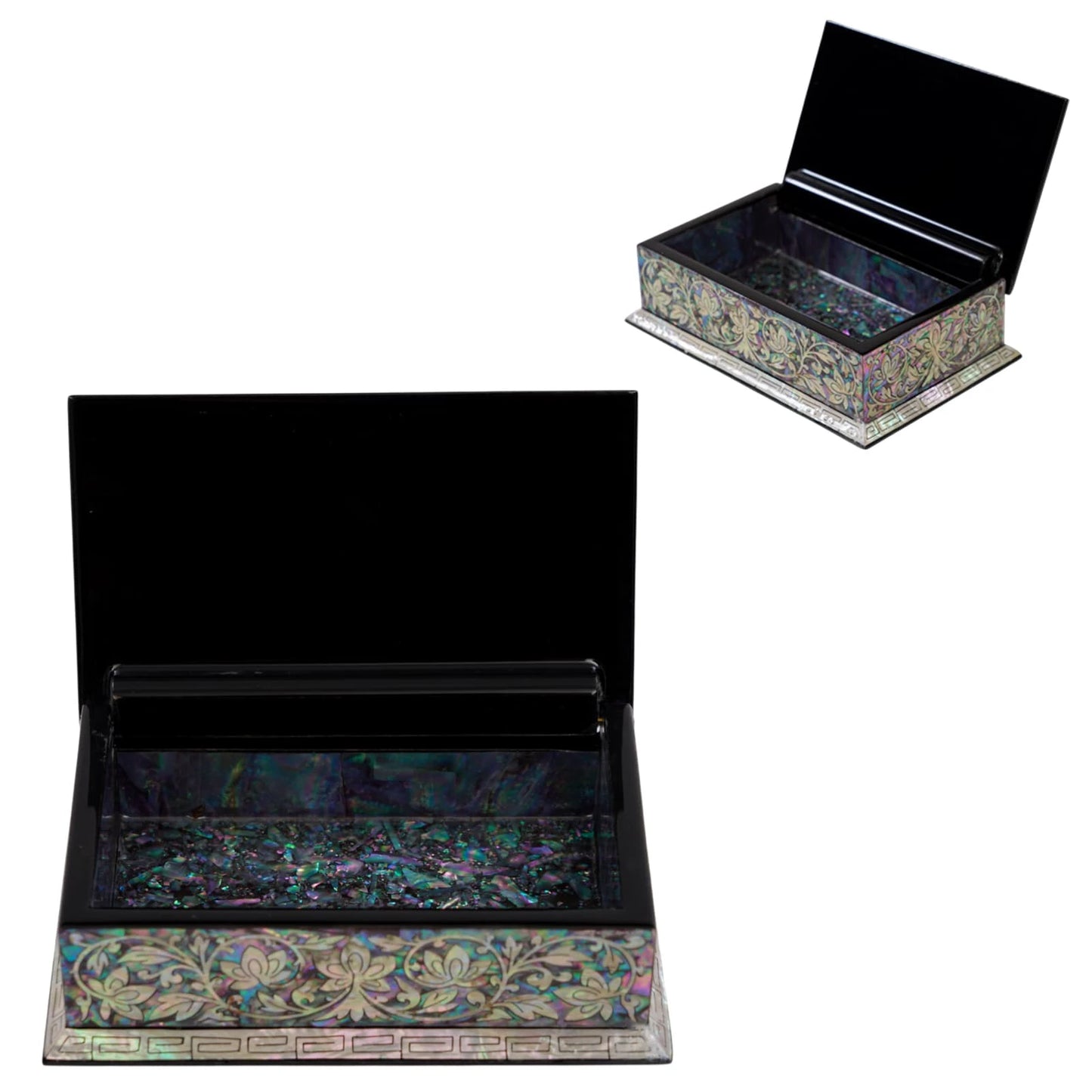 Angled view of open mother-of-pearl inlay jewelry box, black lacquer finish with floral design, handcrafted decorative storage b