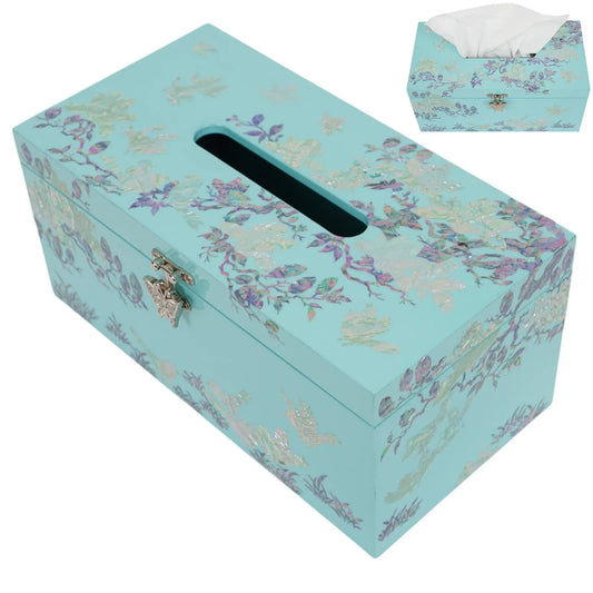 Angled view of turquoise mother-of-pearl tissue box with floral bird design and clasp copy