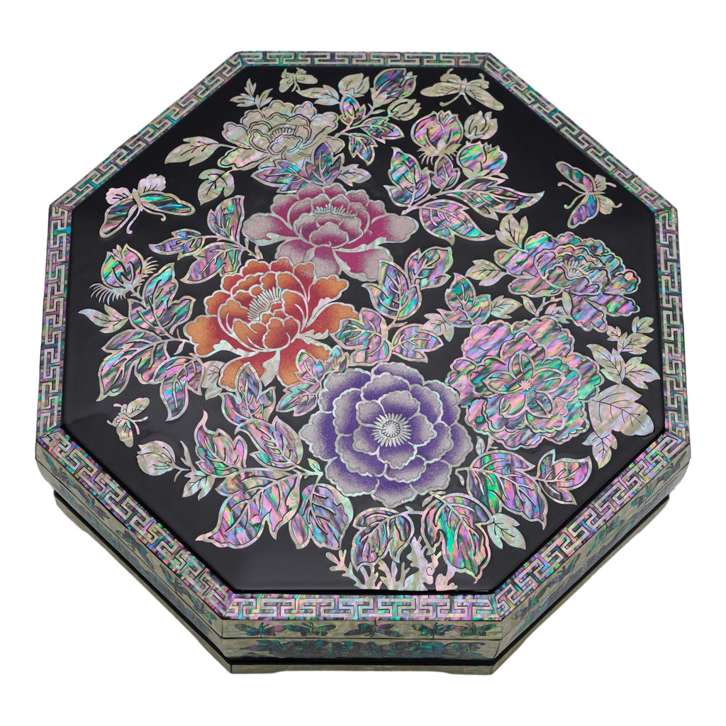 An octagonal black box with Korean traditional multicolored floral patterns and a geometric border design on the lid.