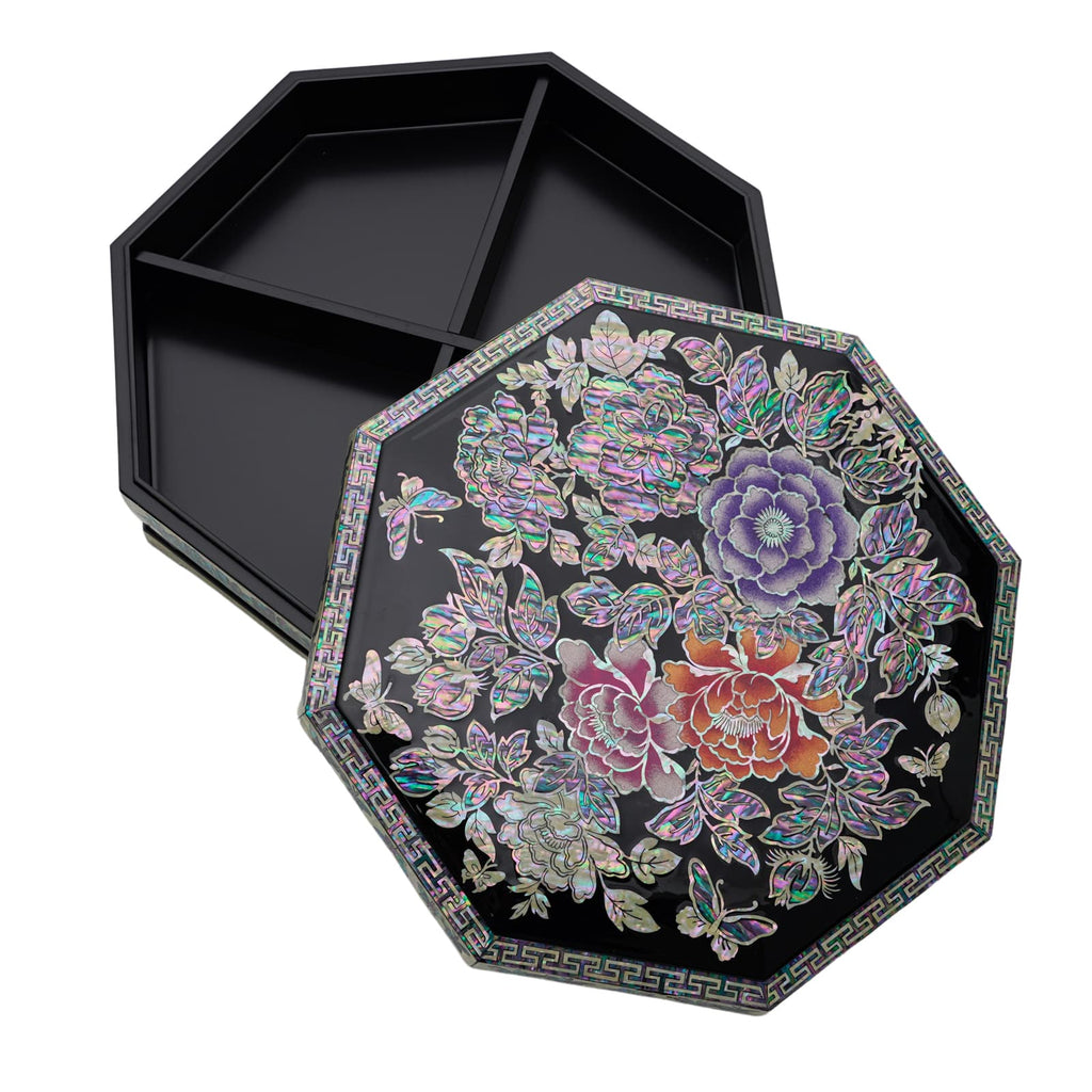 An octagonal black lacquer box with a colorful traditional Korean floral design on the lid, and a detailed geometric border pattern.