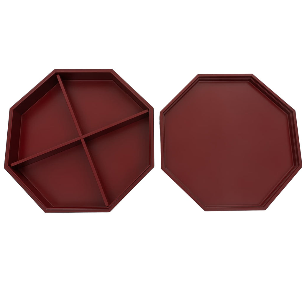 An octagonal red lacquer box shown open, with its base and lid side by side, displaying a clean and simple interior design, set on a white background.