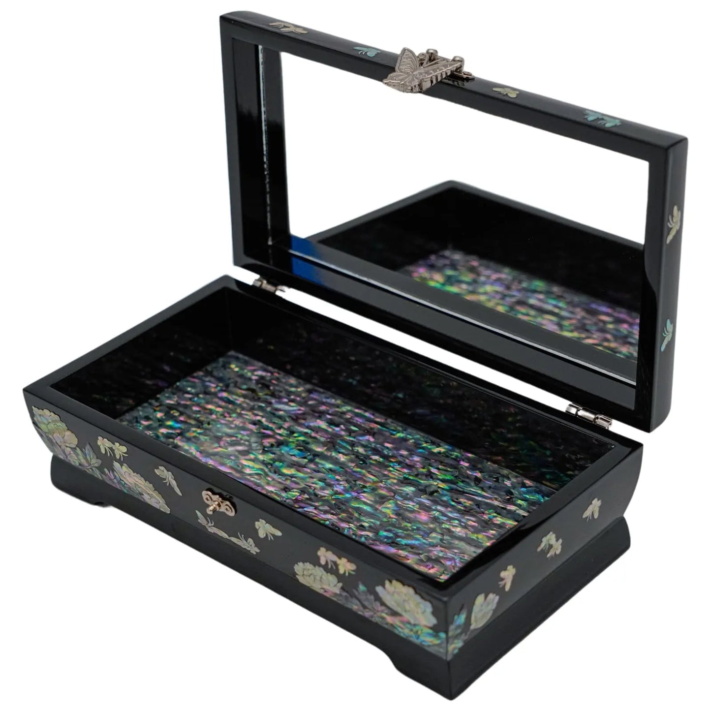 An open black lacquer jewelry box with a multi-colored mother-of-pearl inlay on the bottom and a butterfly motif on the top lid, standing on a flat surface.