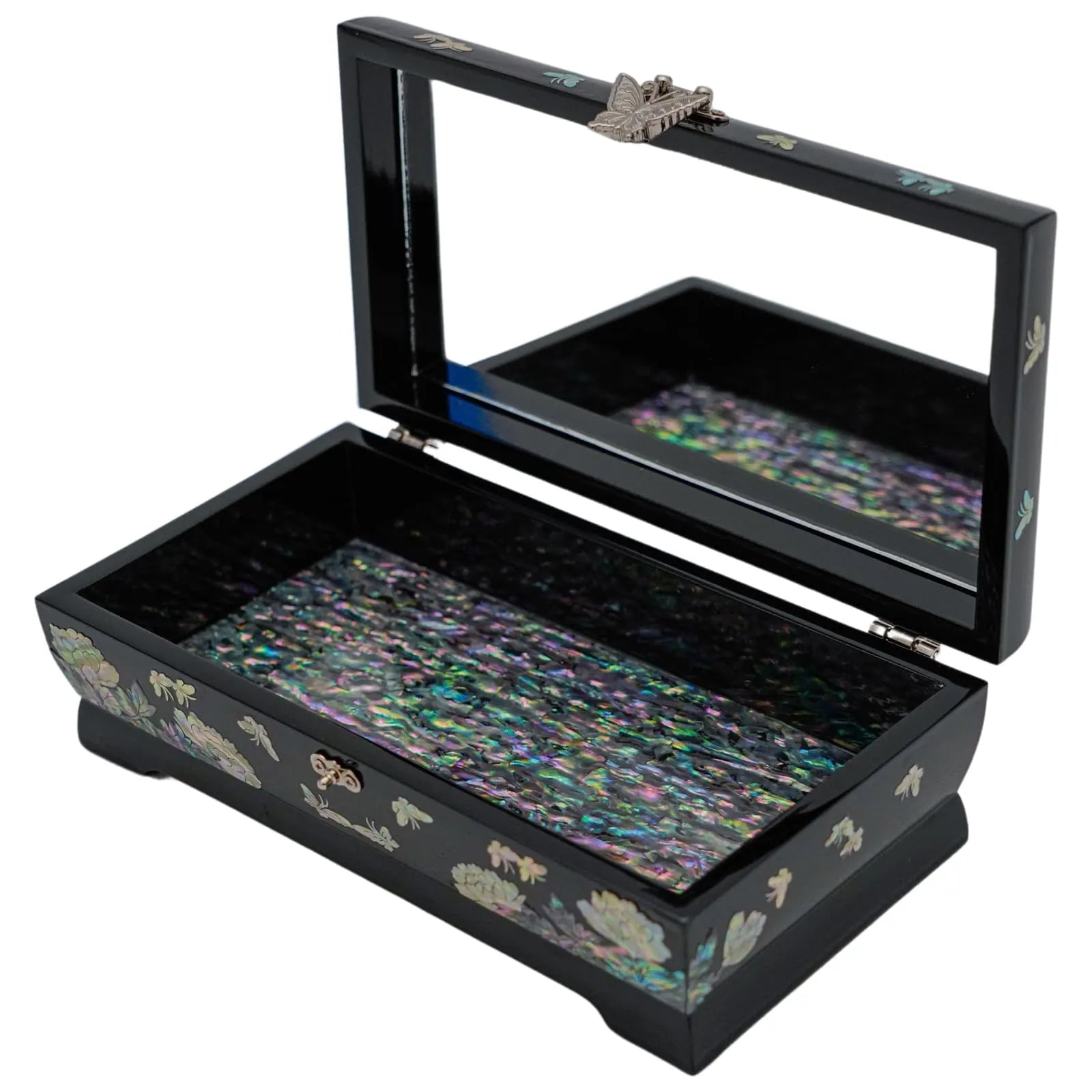An open black lacquer jewelry box with a multi-colored mother-of-pearl inlay on the bottom and a butterfly motif on the top lid, standing on a flat surface.