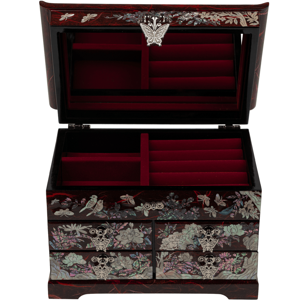 An open jewelry box with red velvet lining and mother-of-pearl exterior.