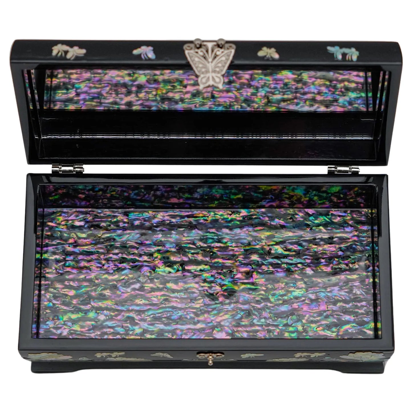 An open lacquer jewelry box with a radiant mother-of-pearl interior, the lid featuring a butterfly design, and a secure clasp in front.
