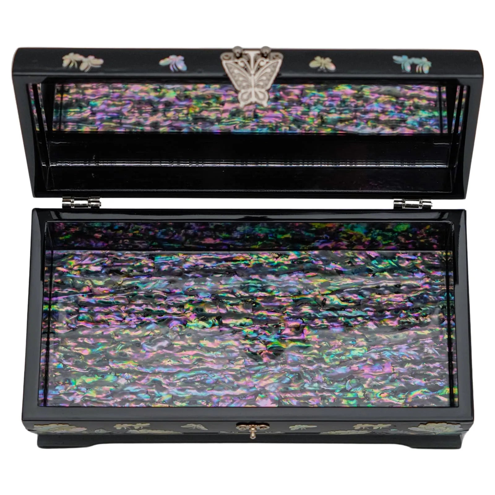 An open lacquer jewelry box with a radiant mother-of-pearl interior, the lid featuring a butterfly design, and a secure clasp in front.