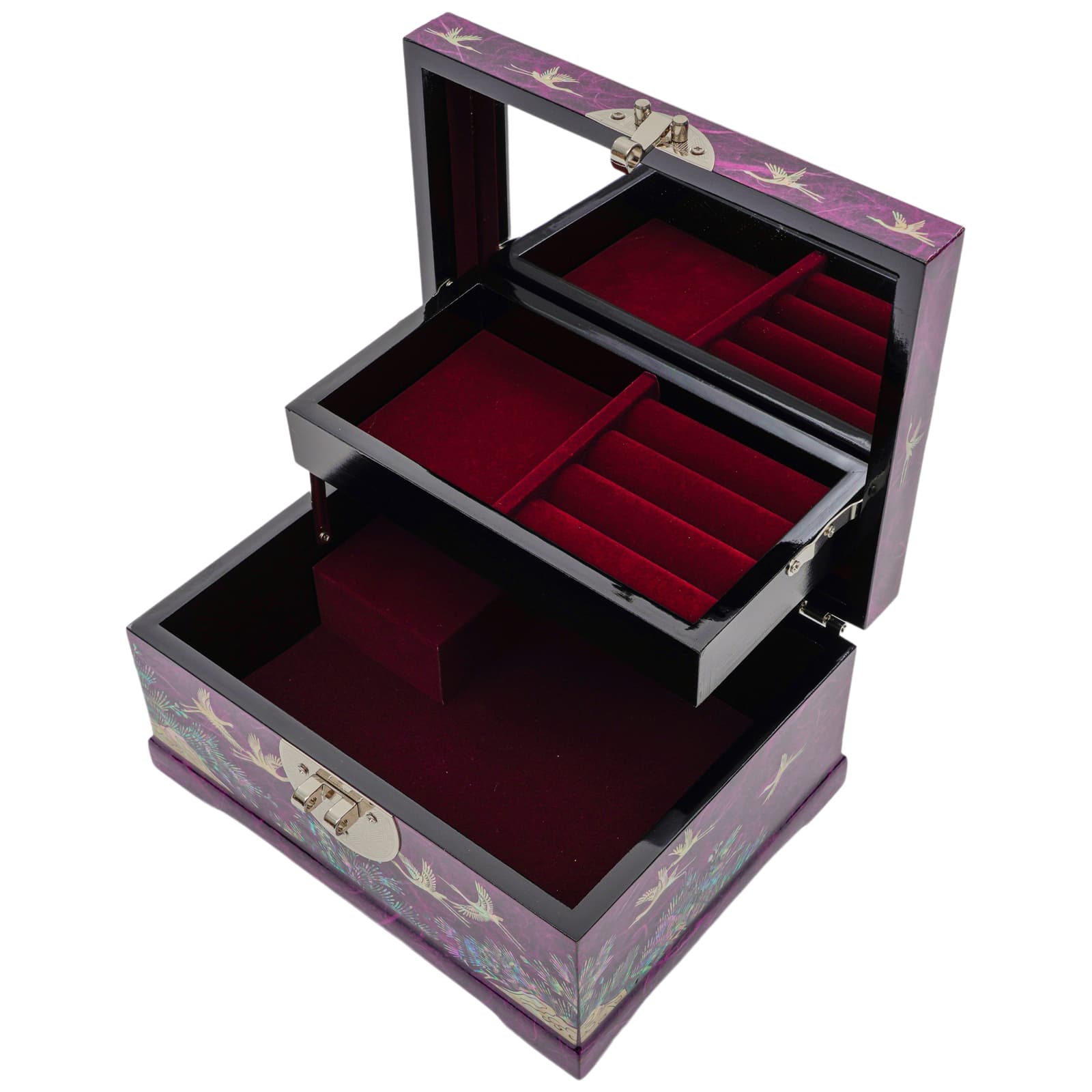 An open mother-of-pearl inlaid jewelry box with two layers, red velvet-lined compartments, crane and floral patterns on a purple background, and metallic hinges and latch.