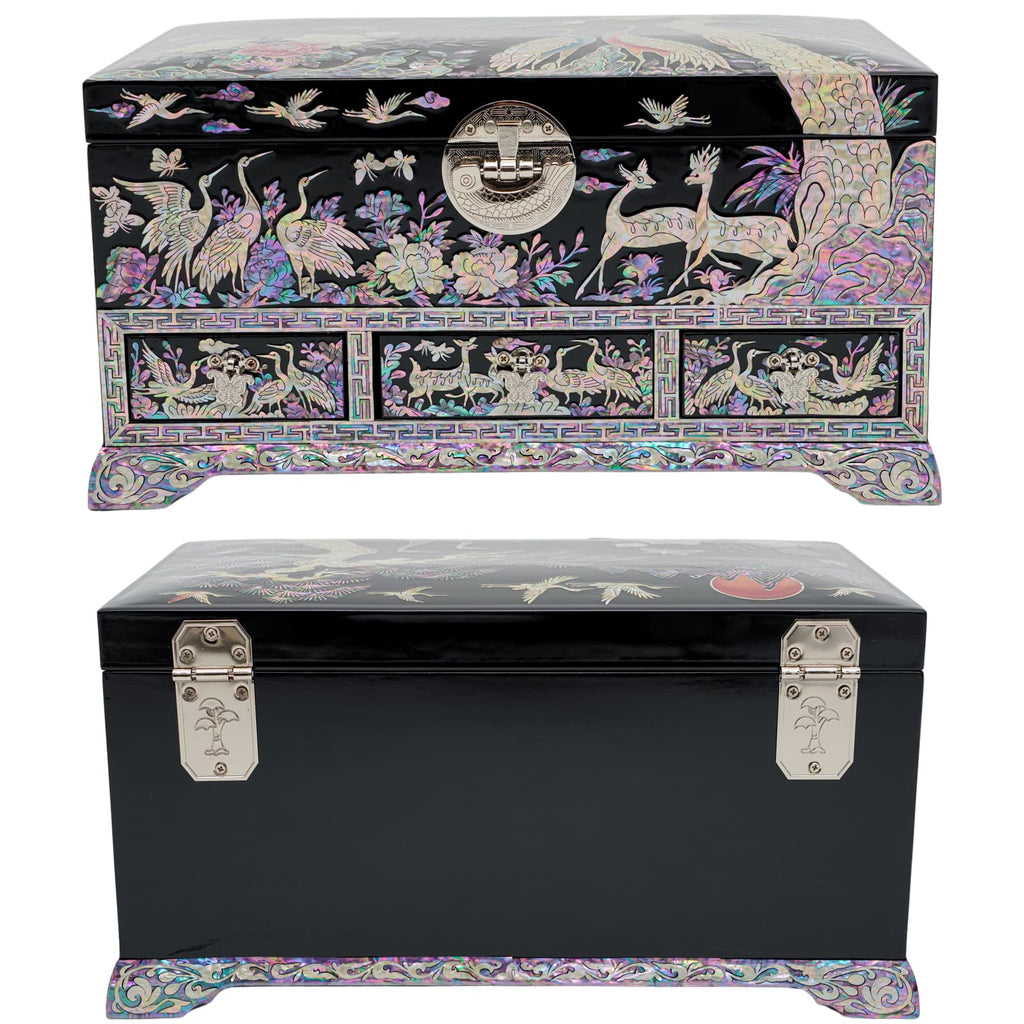 A rectangular mother-of-pearl chest featuring a traditional Korean design with birds and deer, exquisite inlay work on the front, and metal corner accents for an elegant finish.