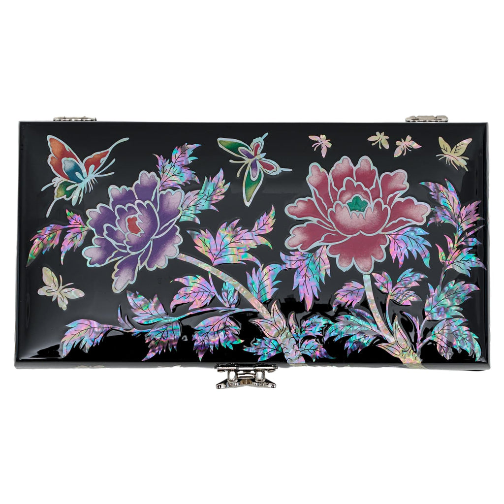 A rectangular mother-of-pearl inlaid clutch with floral and butterfly designs and a silver clasp.