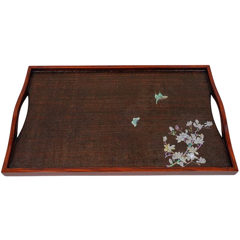 A rectangular wooden tray with inlaid mother-of-pearl butterflies and flowers, and raised edges.