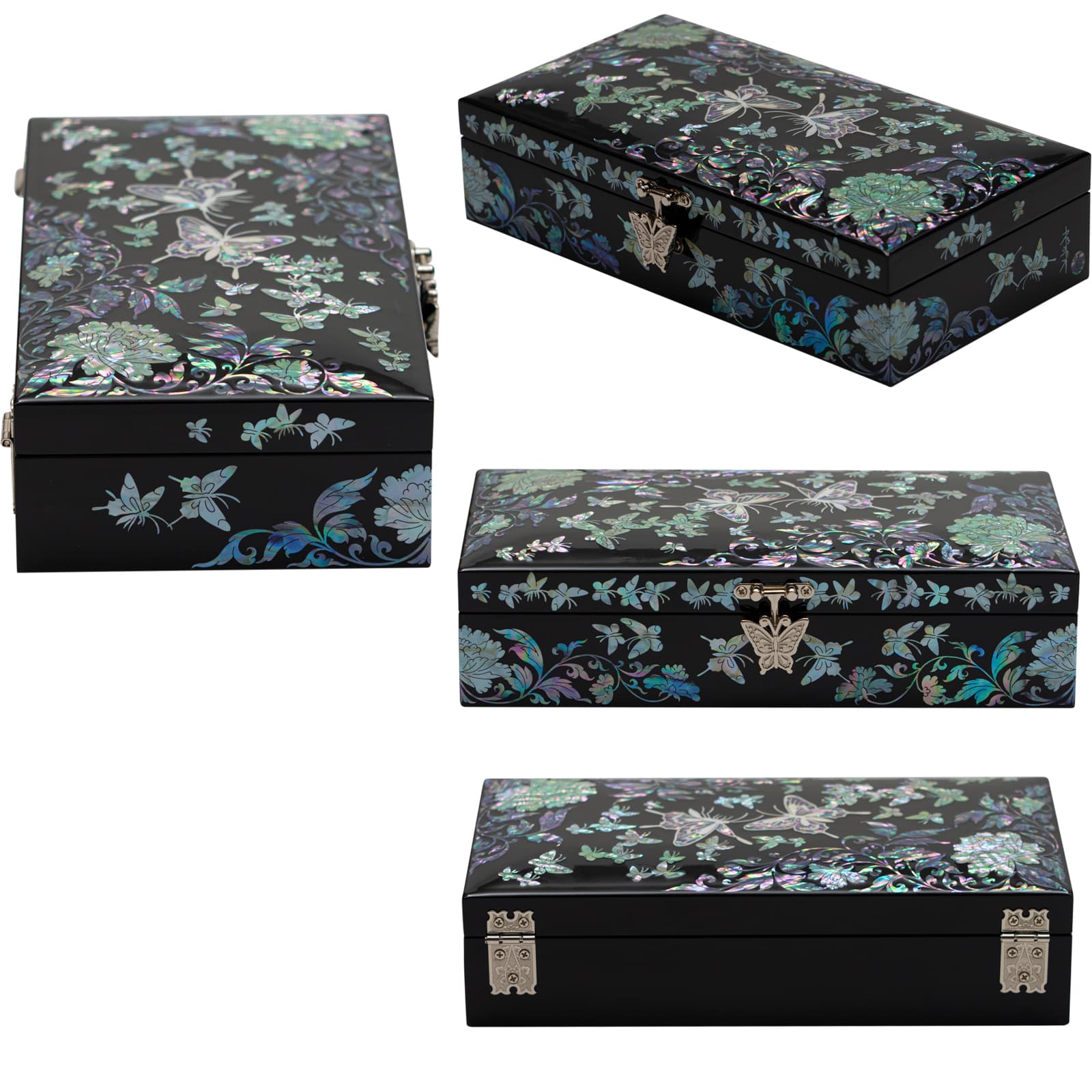 A set of images showing a black jewelry box with colorful mother of pearl inlay of floral and butterfly motifs on all sides and various ornate metallic c