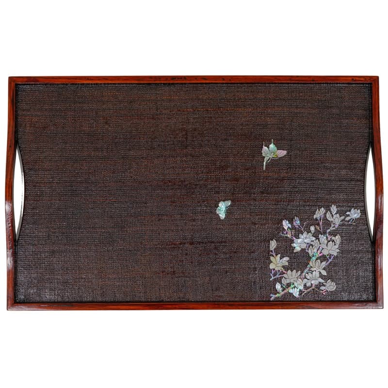 A wooden tray with intricate mother-of-pearl inlay of flowers and butterflies, with side handles.