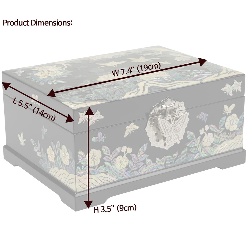 A graphic showing the dimensions of a jewelry box: Length 5.5" (14cm), Width 7.4" (19cm), Height 3.5" (9cm). The box has a floral design and a butterfly clasp.
