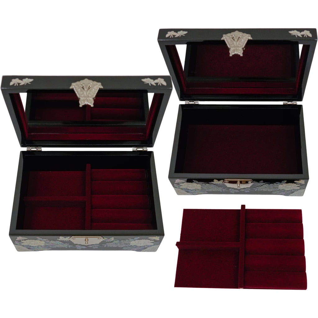 A black jewelry box with mother-of-pearl inlay, open to reveal a red velvet interior with compartments, and a butterfly motif on the clasp.