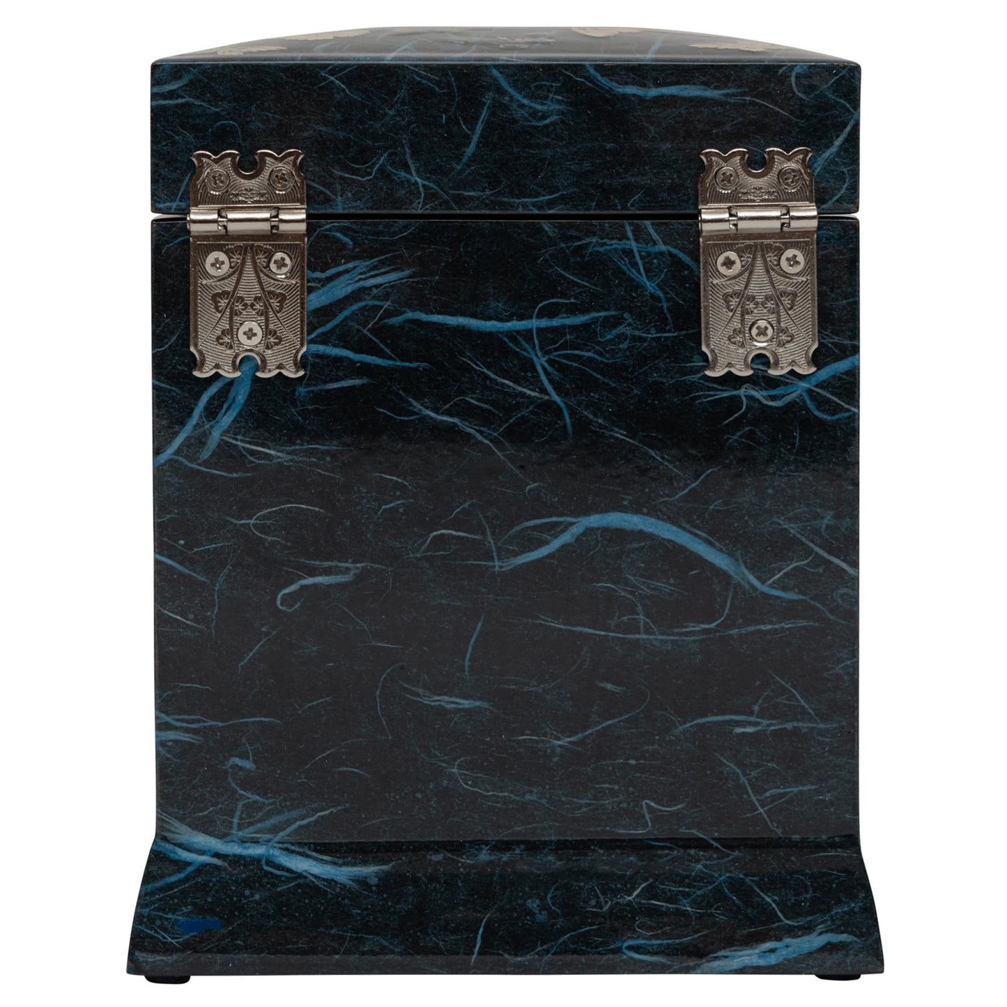 Black and blue marbled trunk with decorative silver clasps on a white background