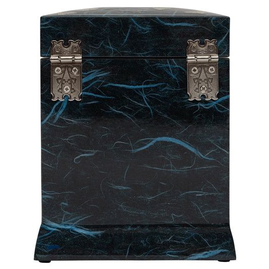 Black and blue marbled trunk with decorative silver clasps on a white background