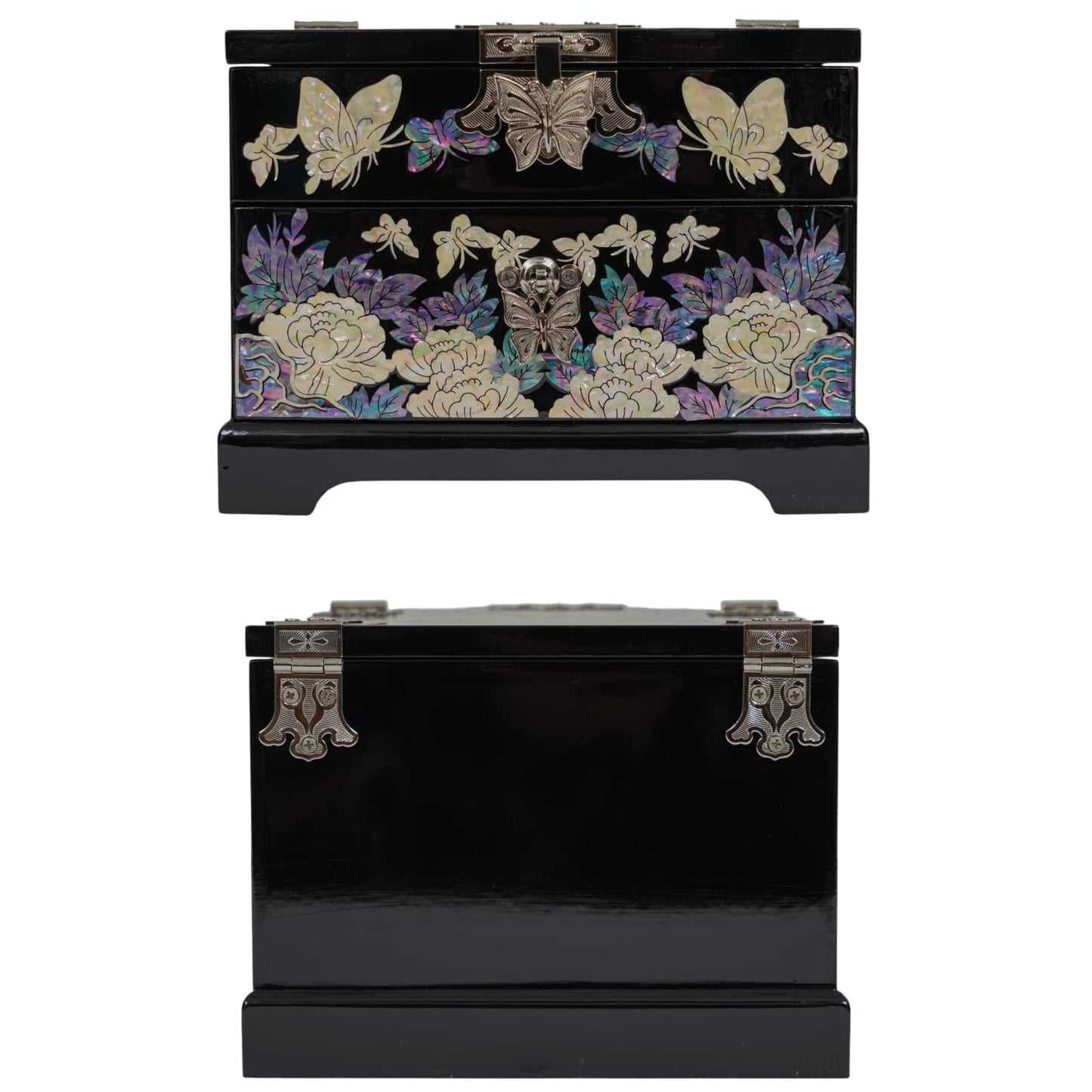 Back view of glossy black lacquer jewelry box with smooth finish and decorative metal hinges, luxury keepsake box