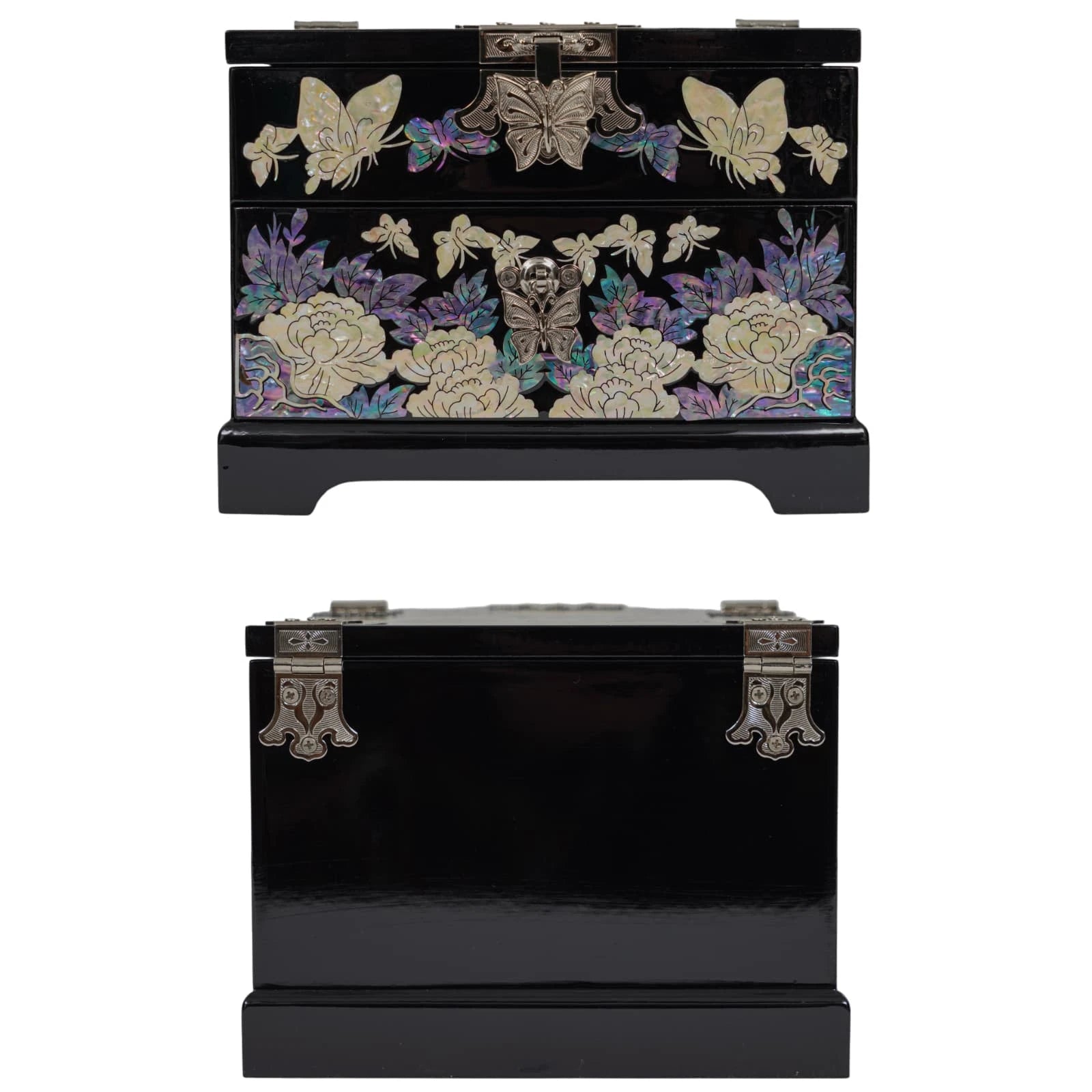 Back view of glossy black lacquer jewelry box with smooth finish and decorative metal hinges, luxury keepsake box