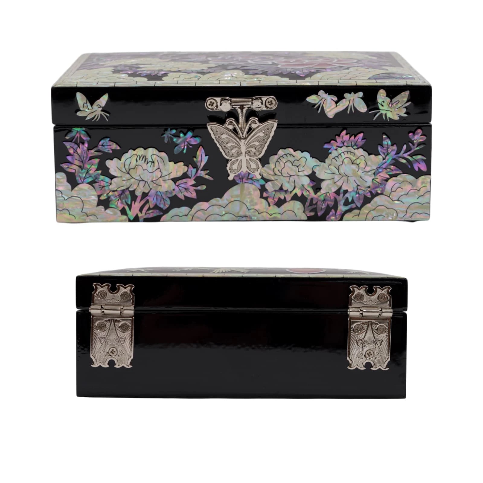 Back view of handcrafted mother of pearl jewelry box with smooth black lacquer finish and decorative metal hinges