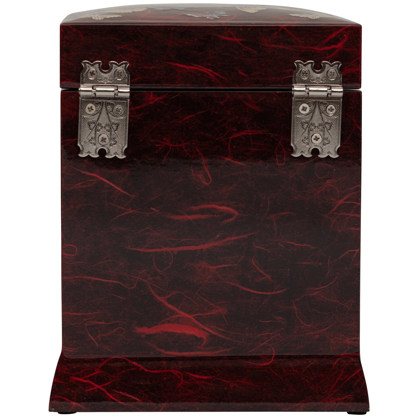 Back view of vintage style jewelry armoire showing high-gloss red finish and sturdy silver-tone metal hinges on a textured wood base.