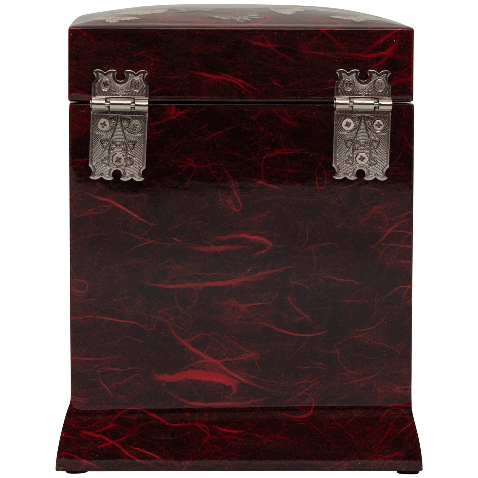 Back view of vintage style jewelry armoire showing high-gloss red finish and sturdy silver-tone metal hinges on a textured wood base.