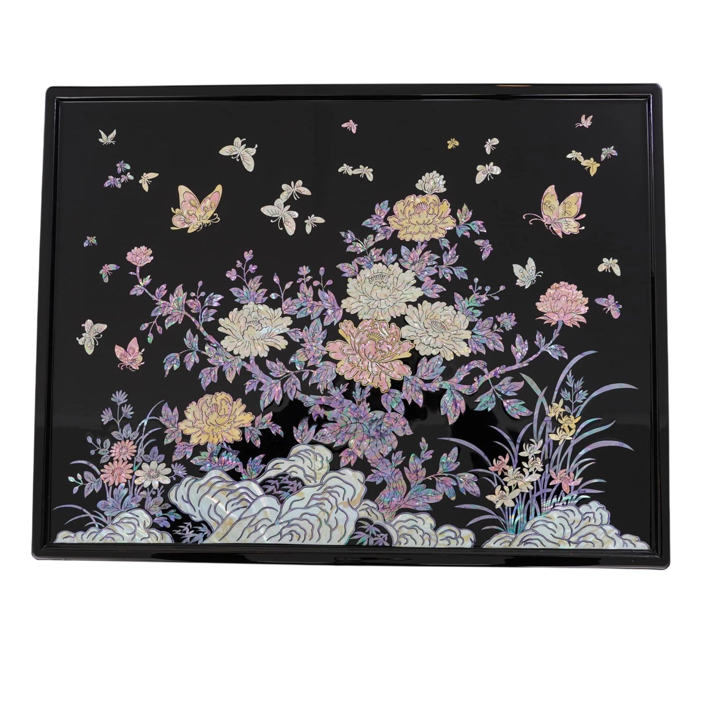 Black Korean mother-of-pearl inlay coffee table with peony flowers and butterflies, glossy lacquer finish and wooden base