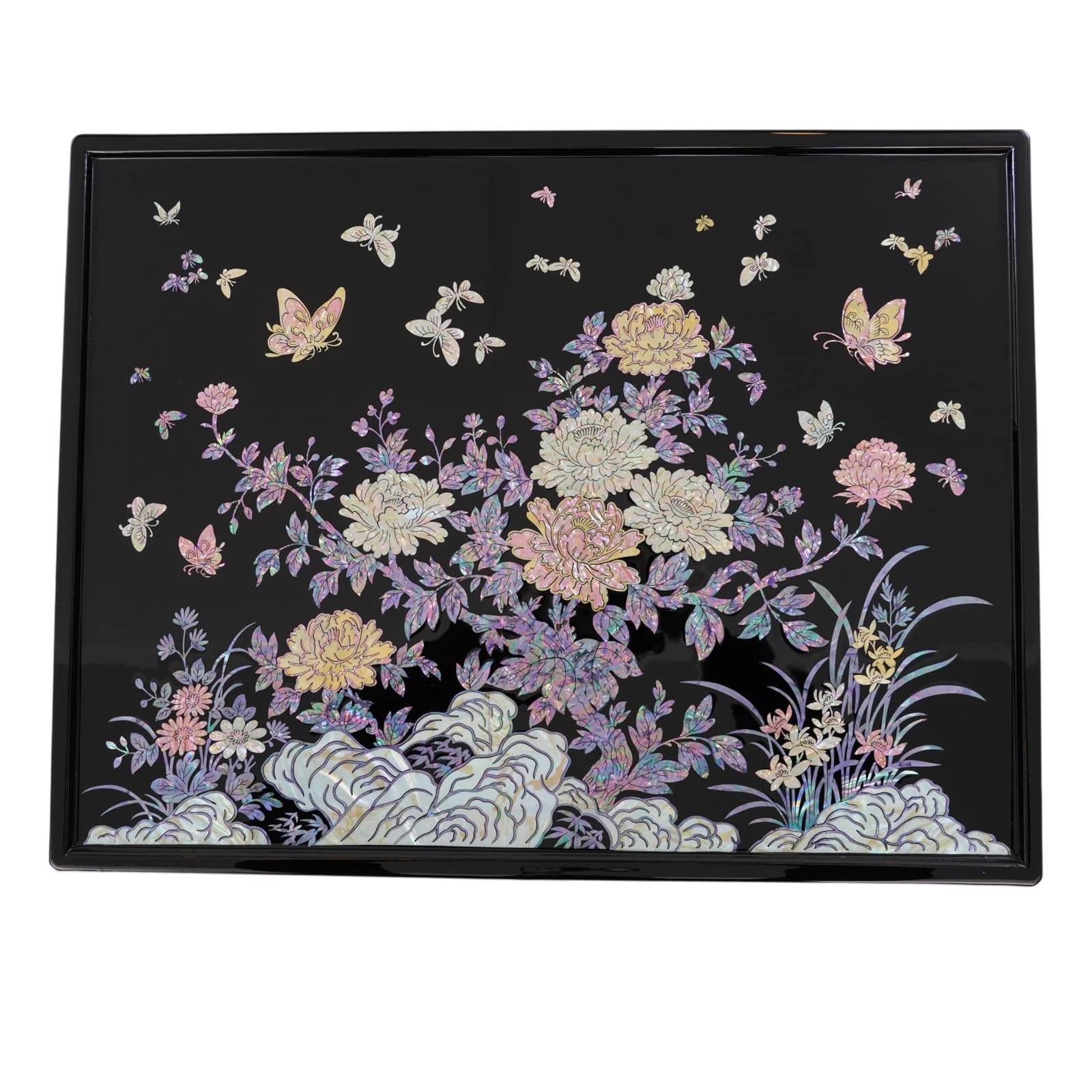 Black Korean mother-of-pearl inlay coffee table with peony flowers and butterflies, glossy lacquer finish and wooden base