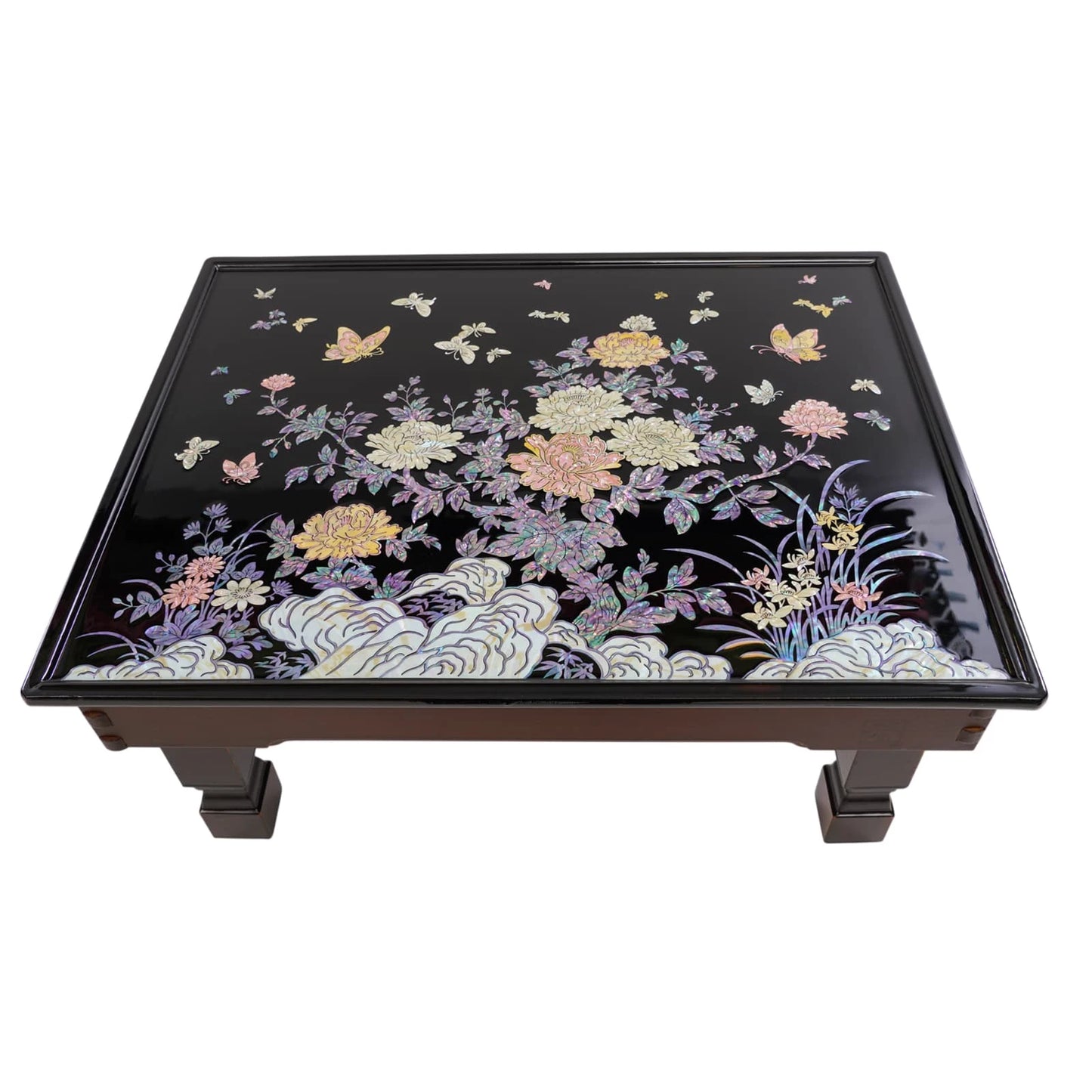 Black Korean mother-of-pearl inlay tray top featuring peony blossoms and butterflies on glossy lacquer finish