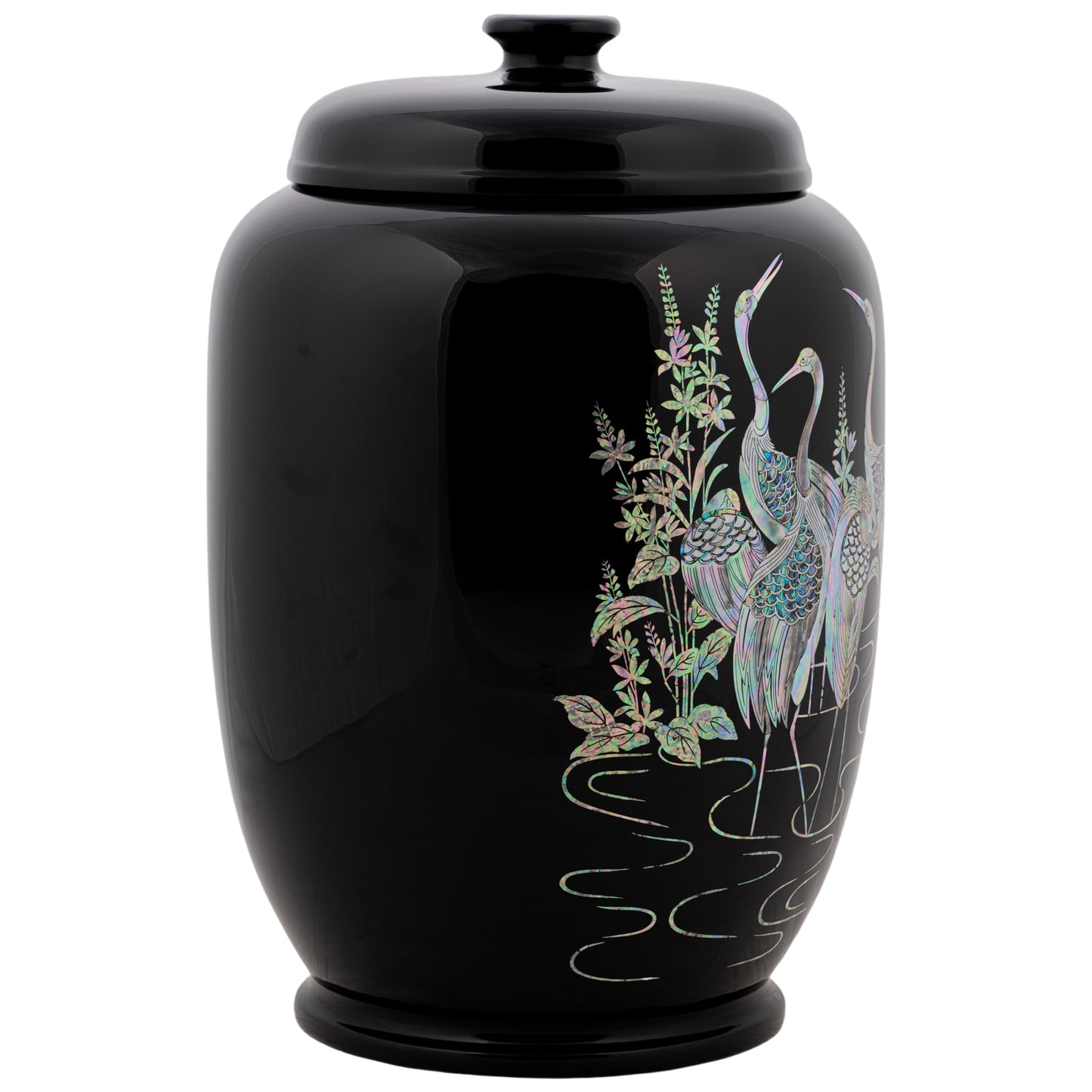 Elegant Black Container with Mother-of-Pearl Cranes and Pine Design