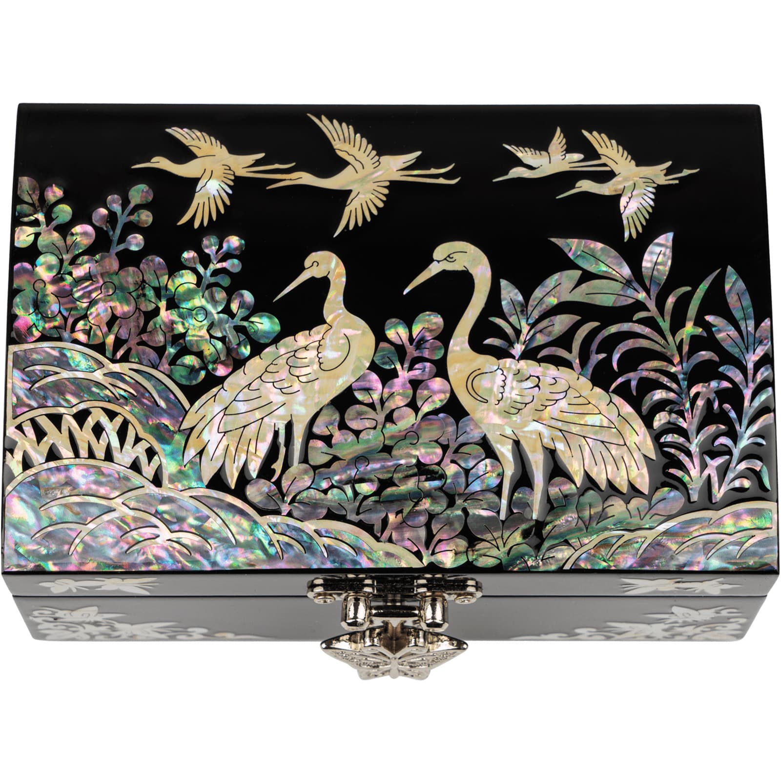 Black jewelry box with crane and flying bird mother-of-pearl inlay on glossy surface