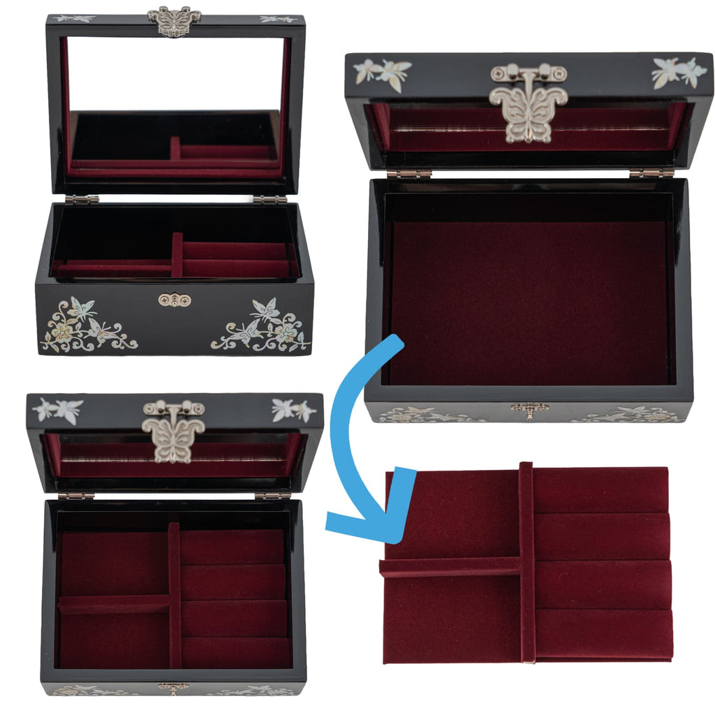 Black jewelry box with mother-of-pearl floral design, open to show red velvet interior and removable tray.