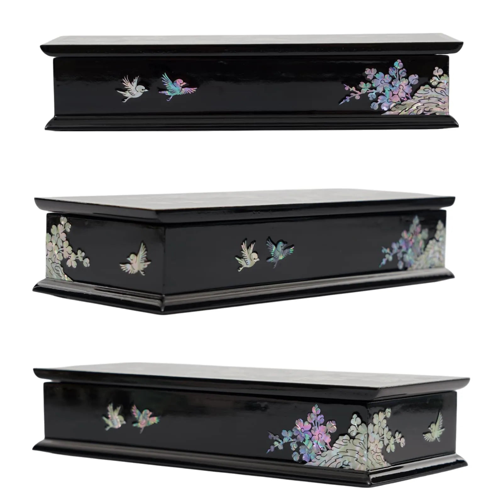 Black lacquer box with pearl inlay birds and flowers on all sides