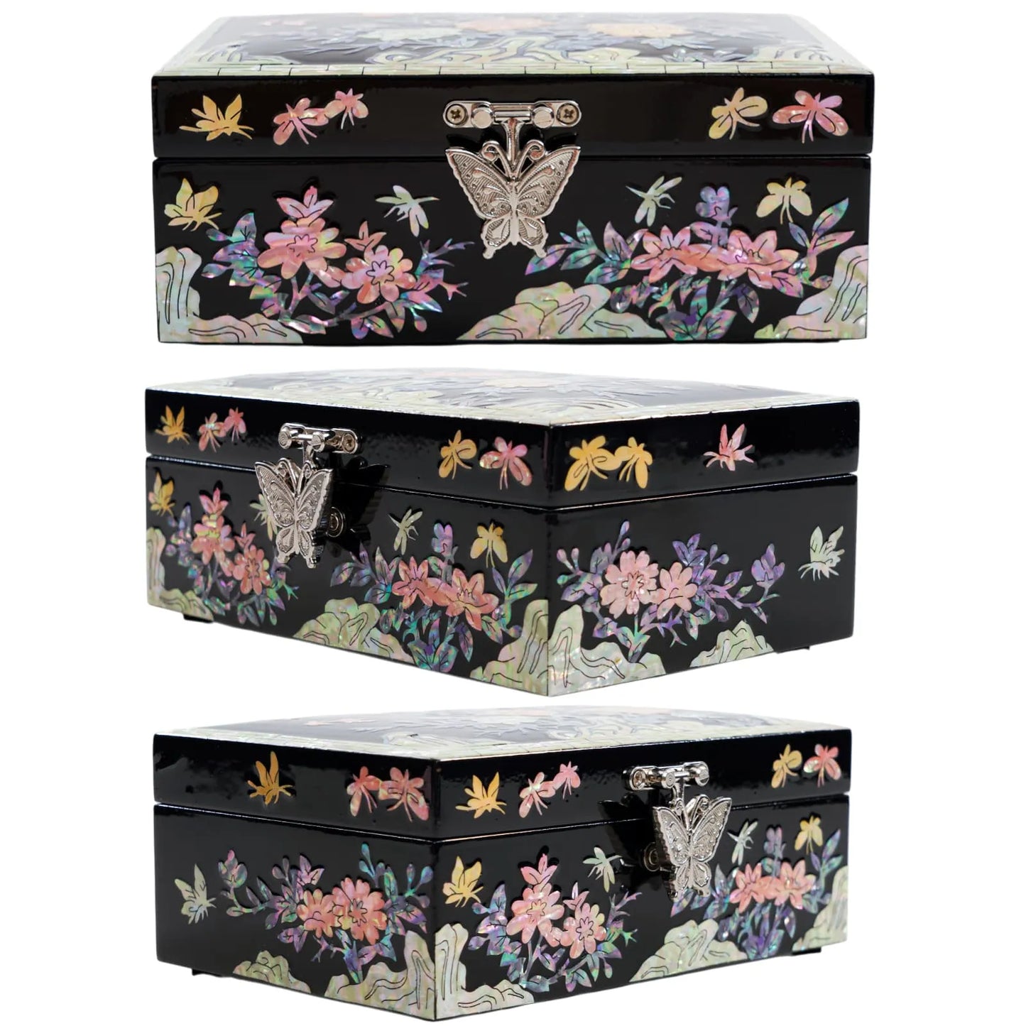 Black lacquer box with vibrant floral and butterfly inlay on all four sides