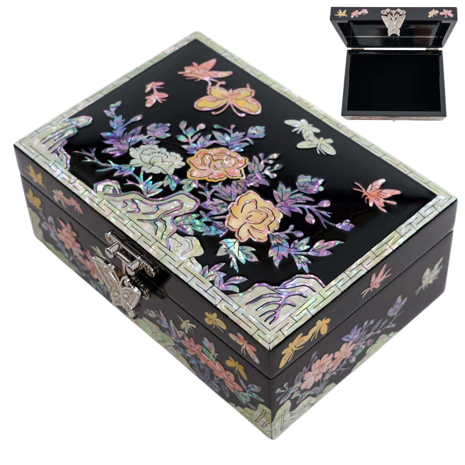 Black lacquer box with vivid floral mother-of-pearl inlay and butterfly clasp