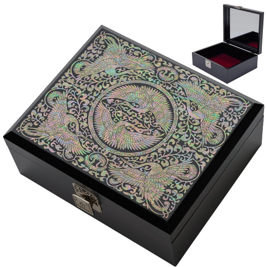 Black lacquered jewelry box with a secure metal latch, featuring an elegant, subtle mother-of-pearl design
