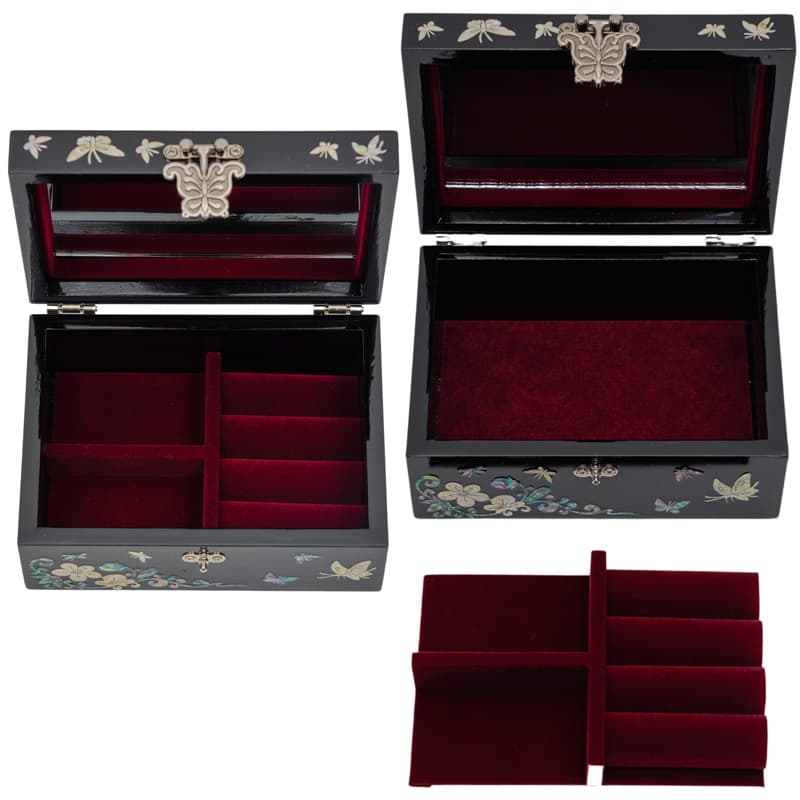 Black lacquer jewelry boxes with mother-of-pearl inlay, featuring a mirror inside the lid and red velvet compartments, represent fine Korean craftsmanship by February Mountain.