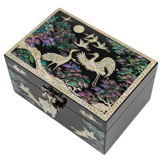 Black lacquer jewelry box with crane and pine in mother-of-pearl inlay under moonlight