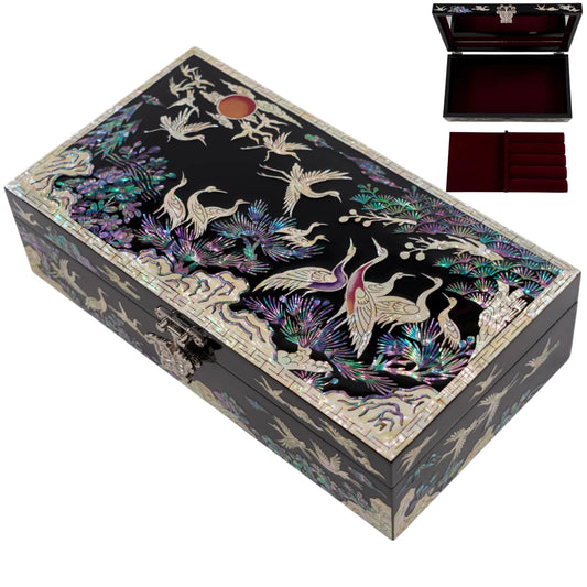 Black lacquer jewelry box with mother-of-pearl crane and pine tree inlay, rectangular decorative jewelry storage box with metal clasp