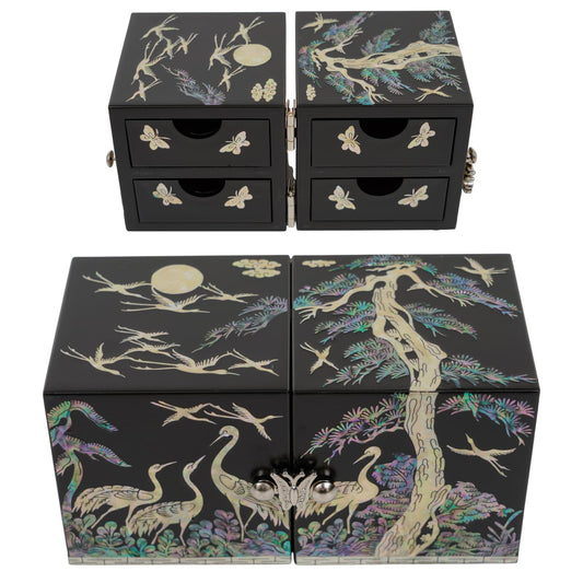 Black lacquer jewelry box with mother-of-pearl cranes, pine tree, and moon design, symbolizing peace