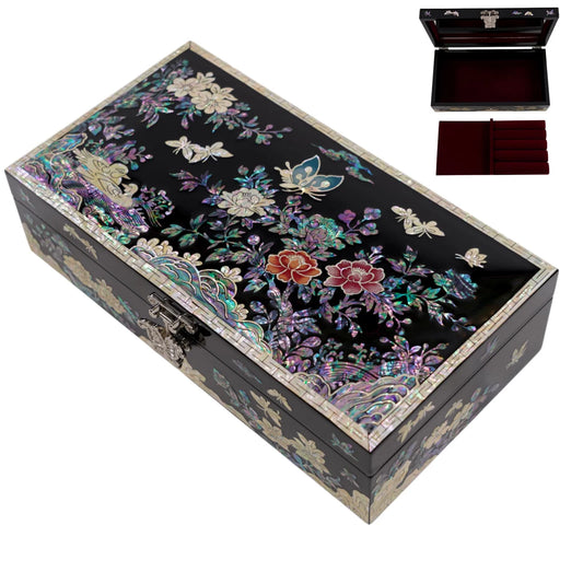 Black lacquer jewelry box with mother-of-pearl floral inlay, rectangular design, glossy finish, decorative storage box with metal clasp